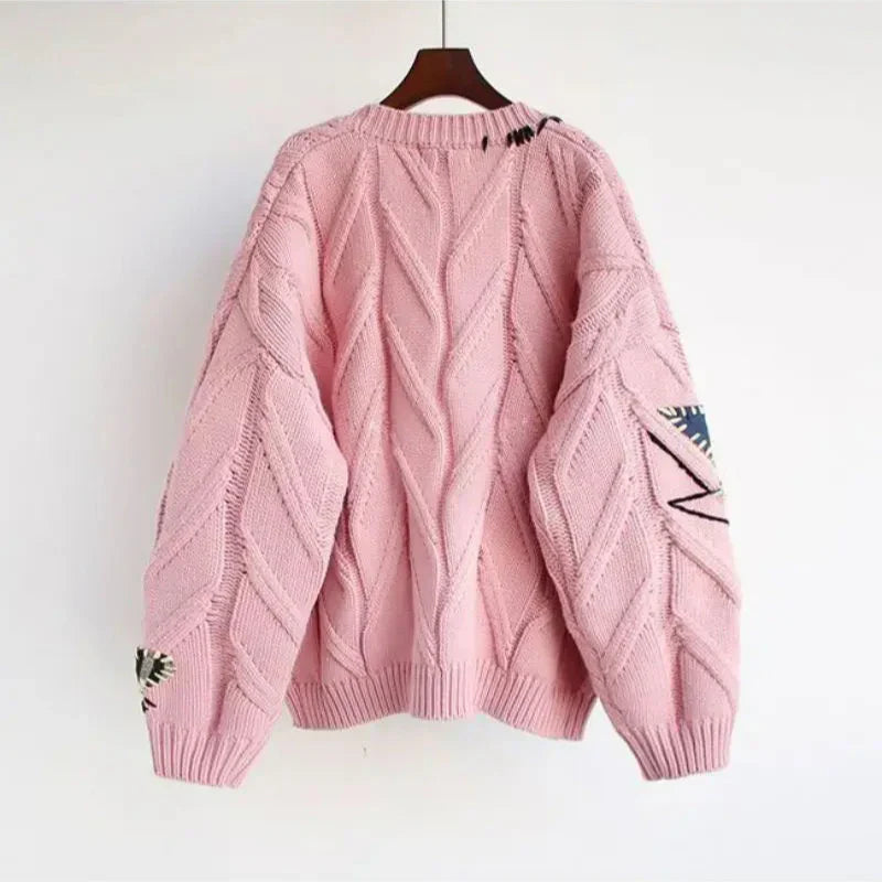 Cardigan da donna in maglia con scollo a V e ricami patchwork