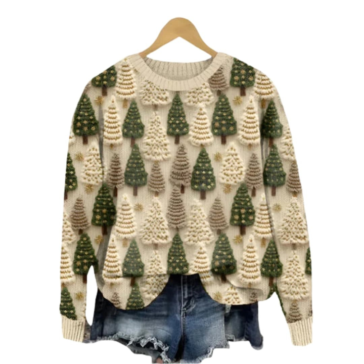 Maglione da donna lavorato a maglia con motivo ad albero e scollo rotondo