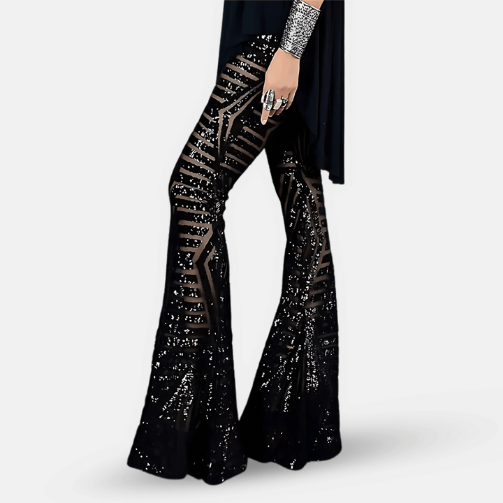 Pantaloni a zampa a vita alta con paillettes da donna