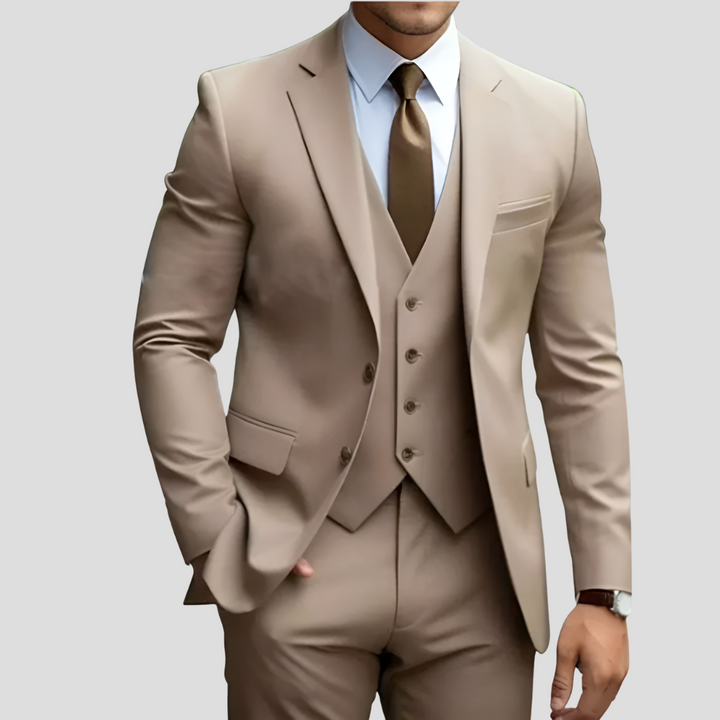 Elegant men's suit, 3 pieces, beige, slim fit