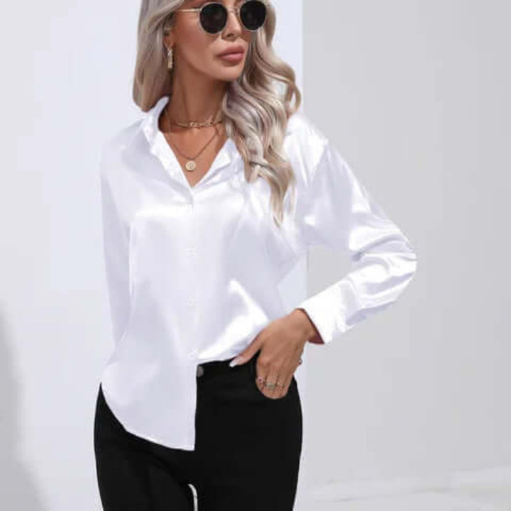 Women's satin blouse with long sleeves and loose fit