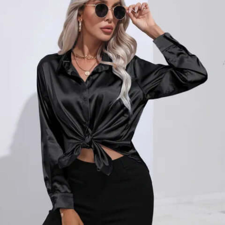Women's satin blouse with long sleeves and loose fit