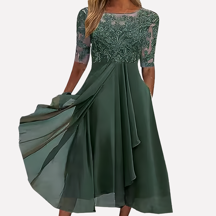 Women's chiffon evening dress with floral lace