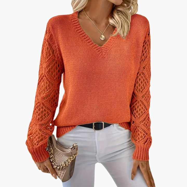 Maglione Femminile in Maglia Fine con Scollatura a V e Maniche Lunghe