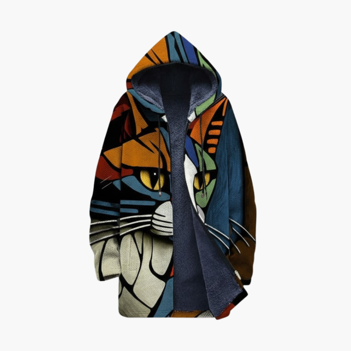 Cardigan con cappuccio unisex con zip e design a stampa di gatto