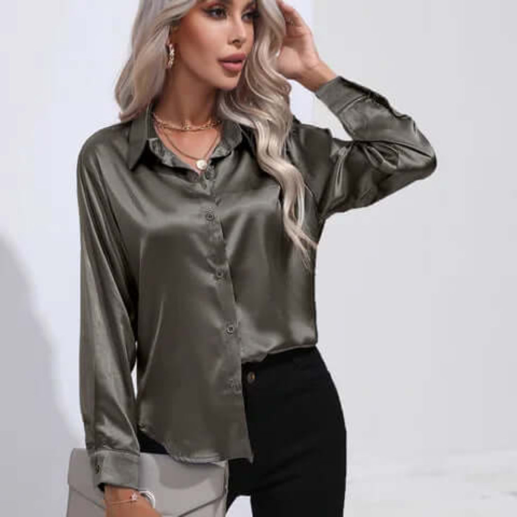 Women's satin blouse with long sleeves and loose fit