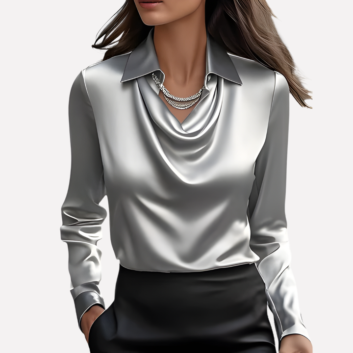 Blusa in Satin per Donna con Collo Drappeggiato