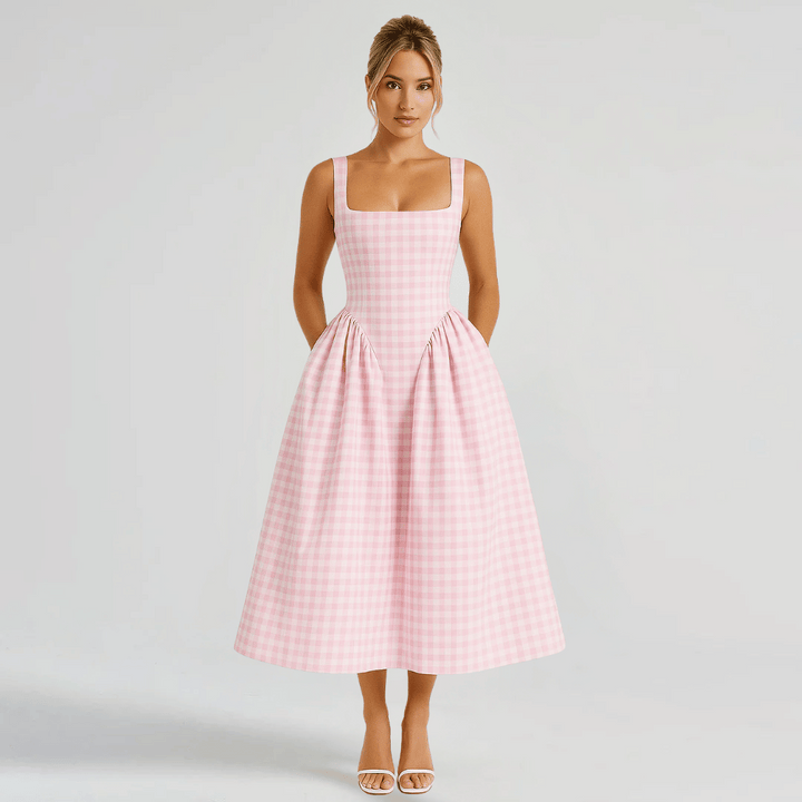Abito midi con scollo quadrato a quadri