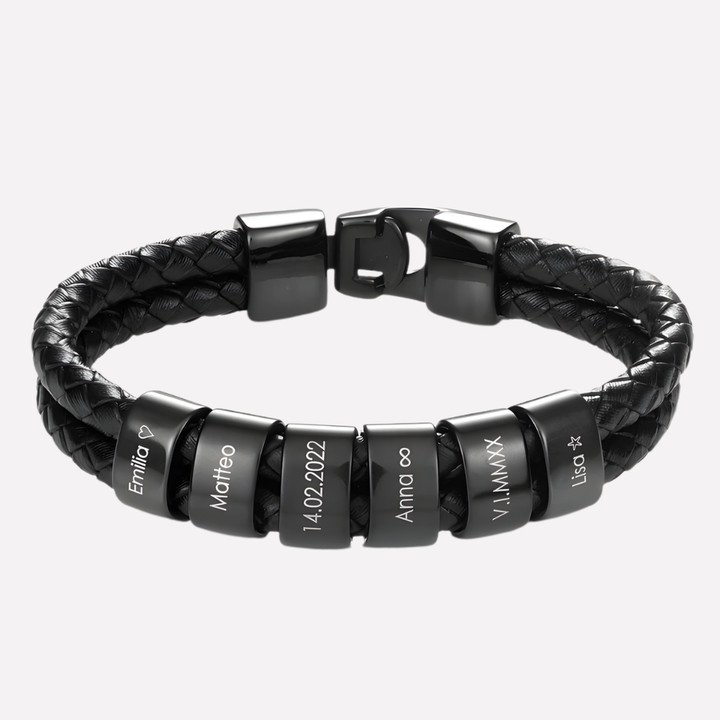 Black Bracelet for Men with Engraved Beads