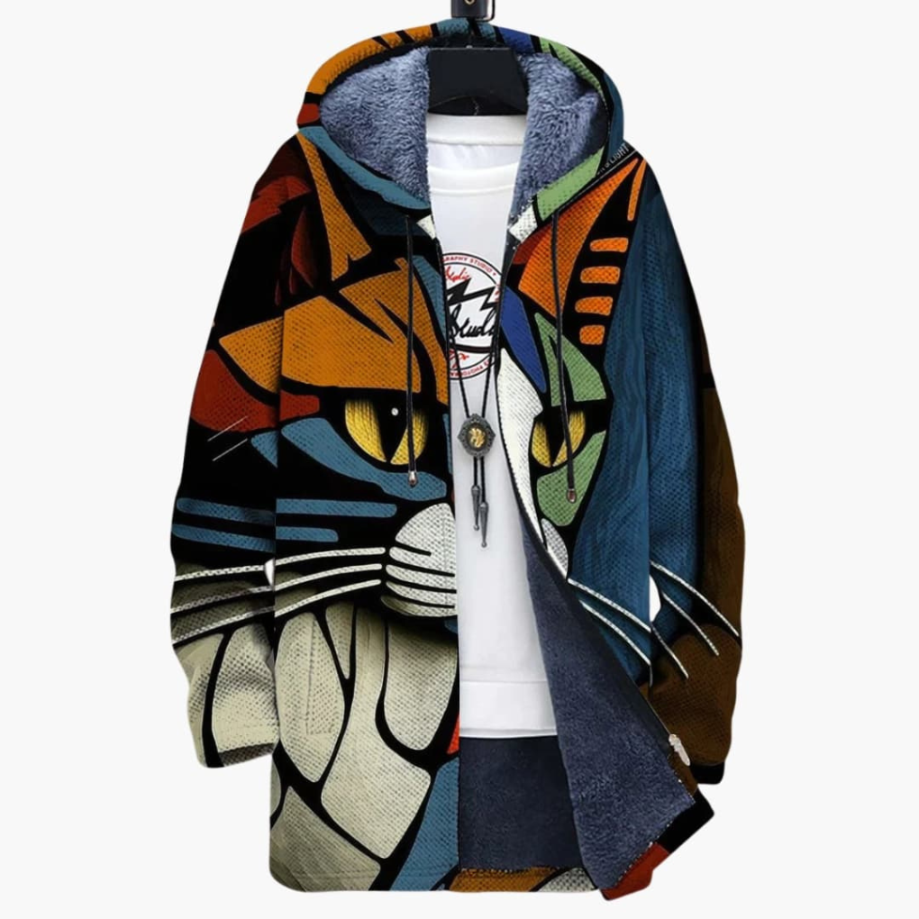 Cardigan con cappuccio unisex con zip e design a stampa di gatto