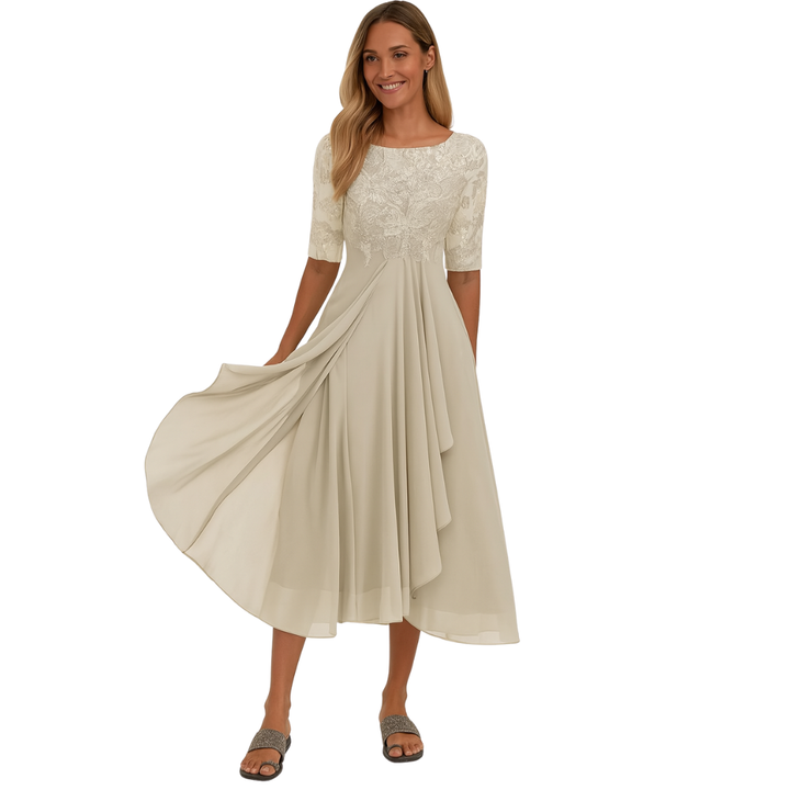 Abito midi in pizzo e chiffon da donna