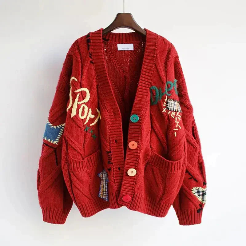 Cardigan da donna in maglia con scollo a V e ricami patchwork