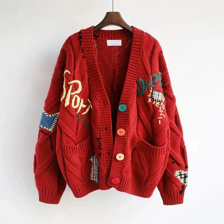 Cardigan da donna in maglia con scollo a V e ricami patchwork