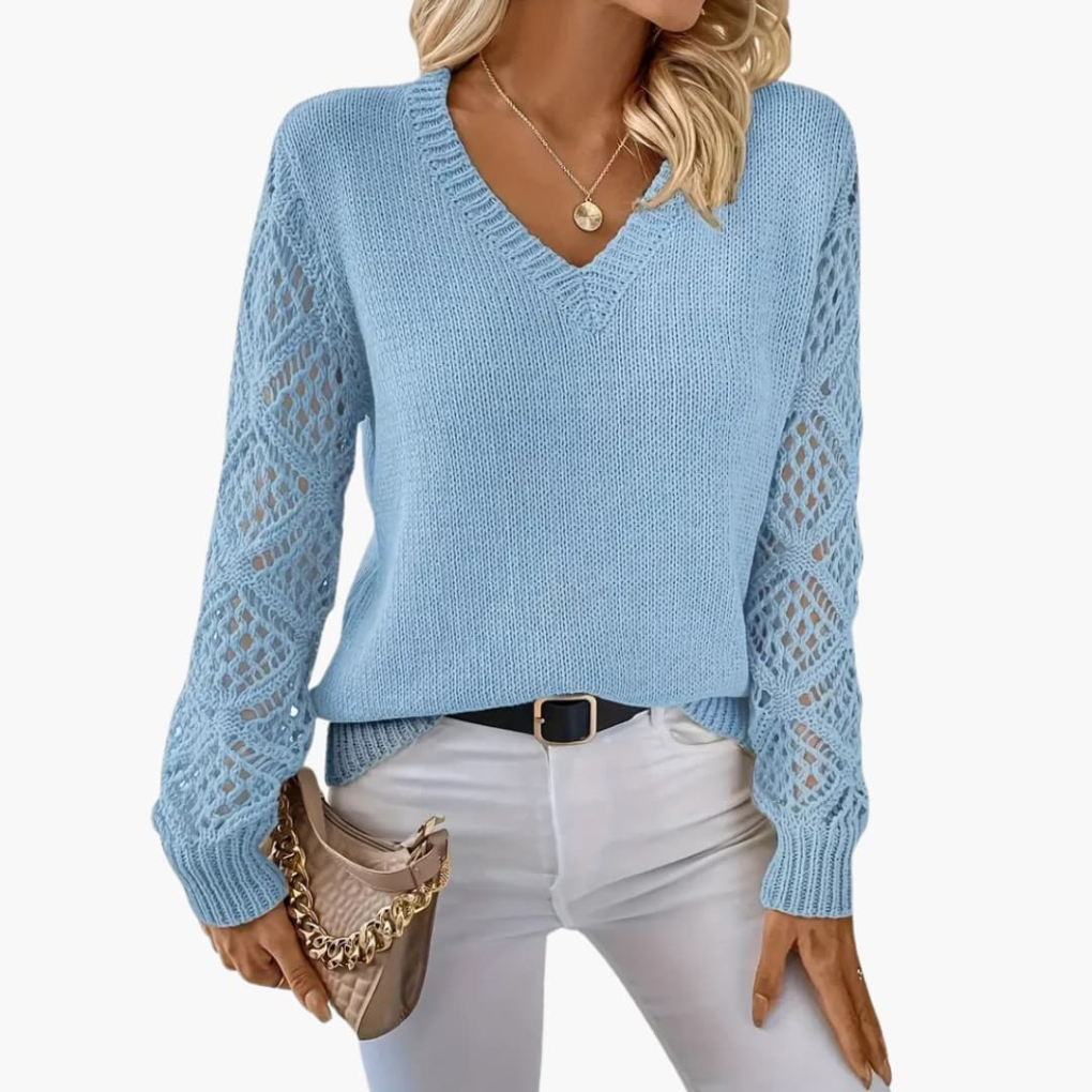 Maglione Femminile in Maglia Fine con Scollatura a V e Maniche Lunghe