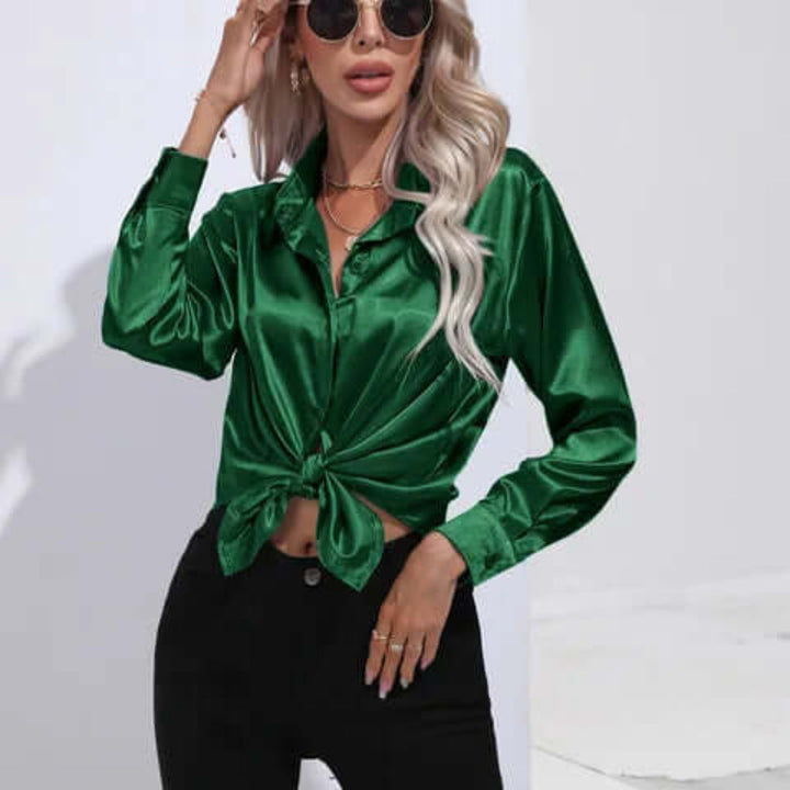 Women's satin blouse with long sleeves and loose fit