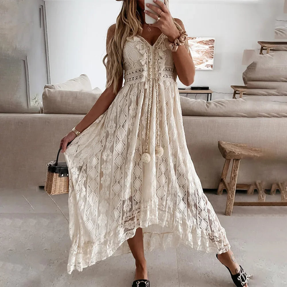 Abito in Pizzo Boho con Nastri e Frange
