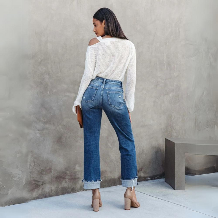 Pantaloni di jeans comodi e a vita alta da donna