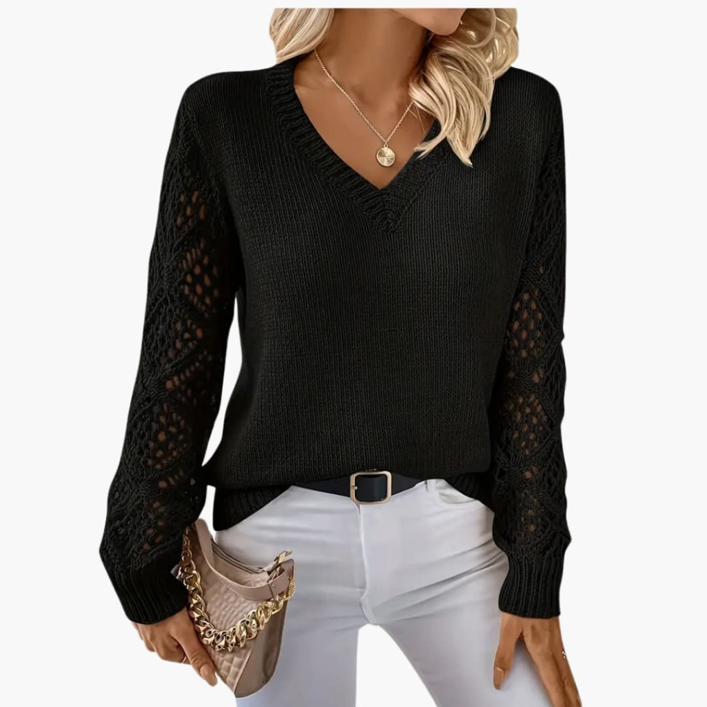 Maglione Femminile in Maglia Fine con Scollatura a V e Maniche Lunghe