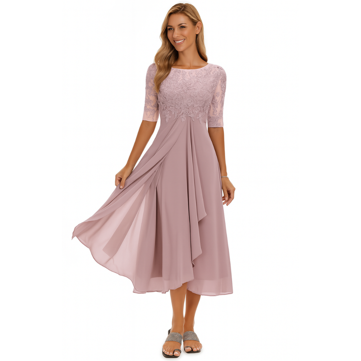 Abito midi in pizzo e chiffon da donna