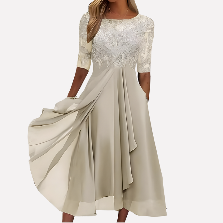 Women's chiffon evening dress with floral lace