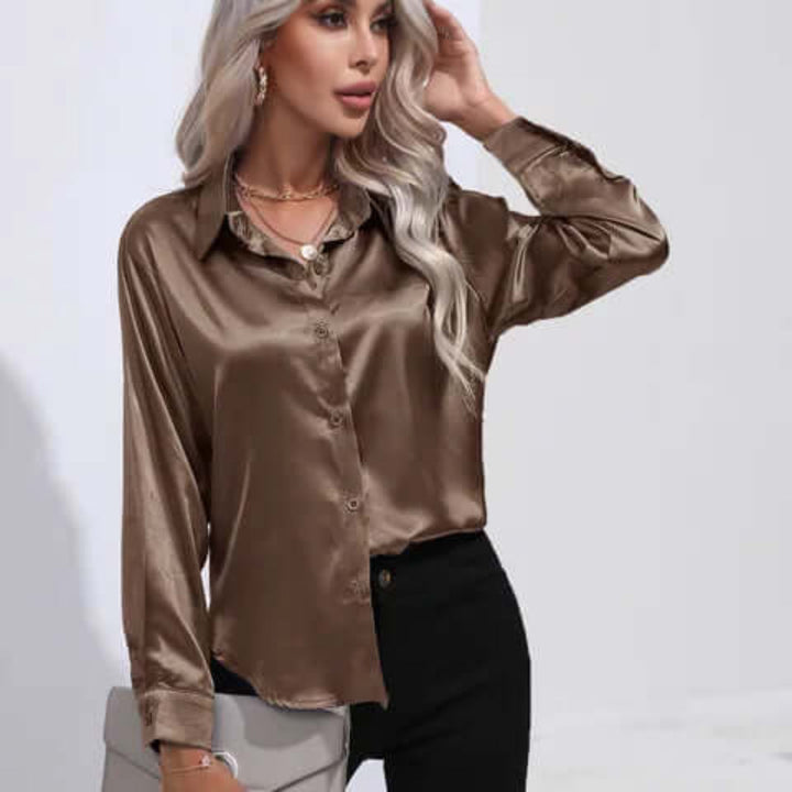 Women's satin blouse with long sleeves and loose fit
