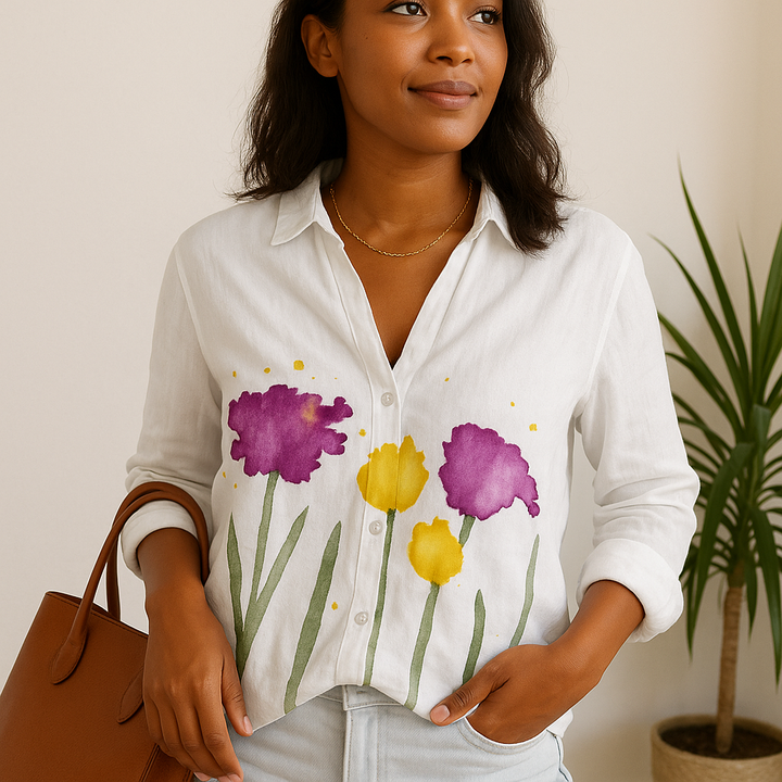 Camisa mujer con escote en V y estampado floral y mangas largas