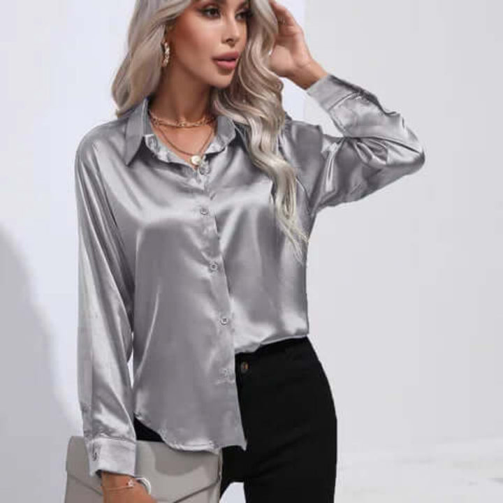 Women's satin blouse with long sleeves and loose fit