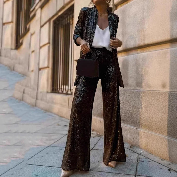 Two-Piece Sequin Set with High-Waisted Pants