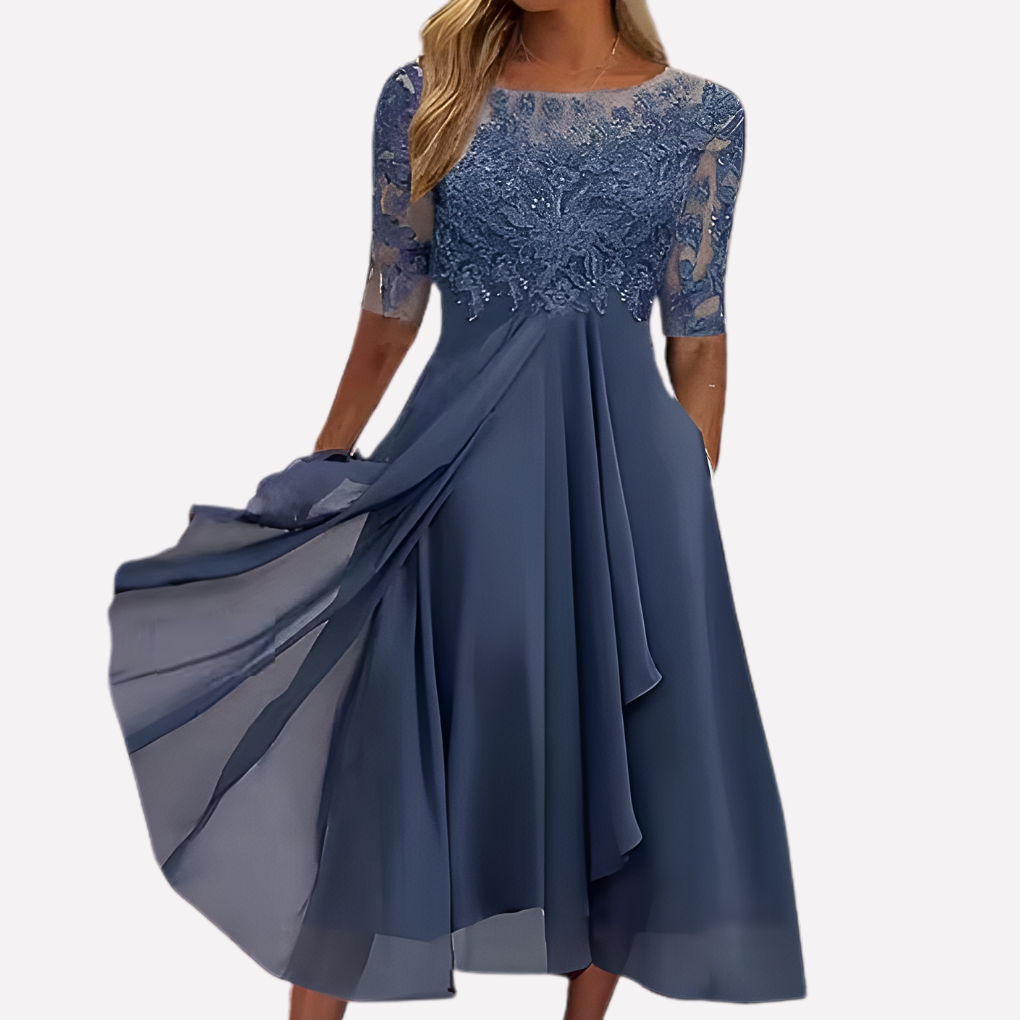 Women's chiffon evening dress with floral lace