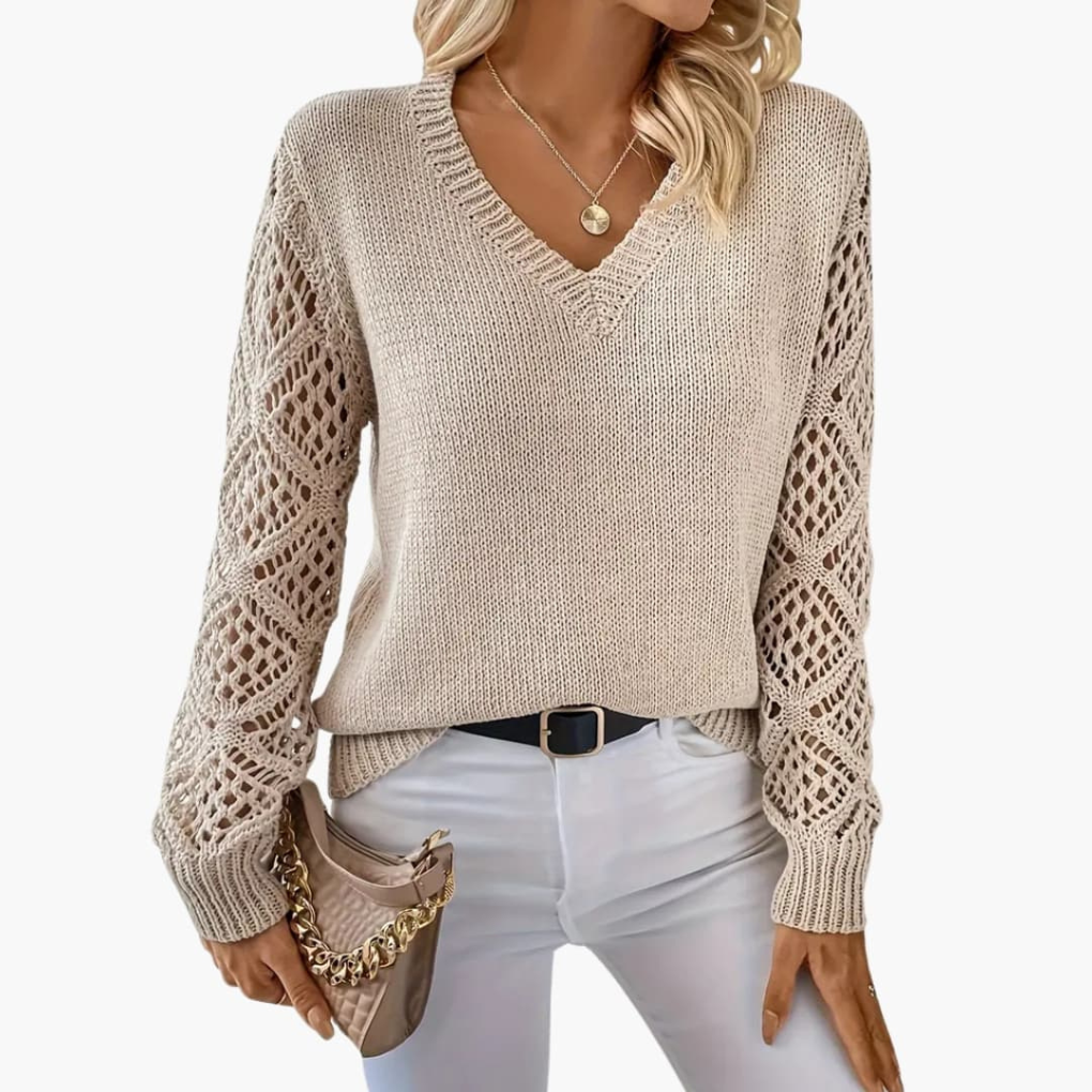 Maglione Femminile in Maglia Fine con Scollatura a V e Maniche Lunghe