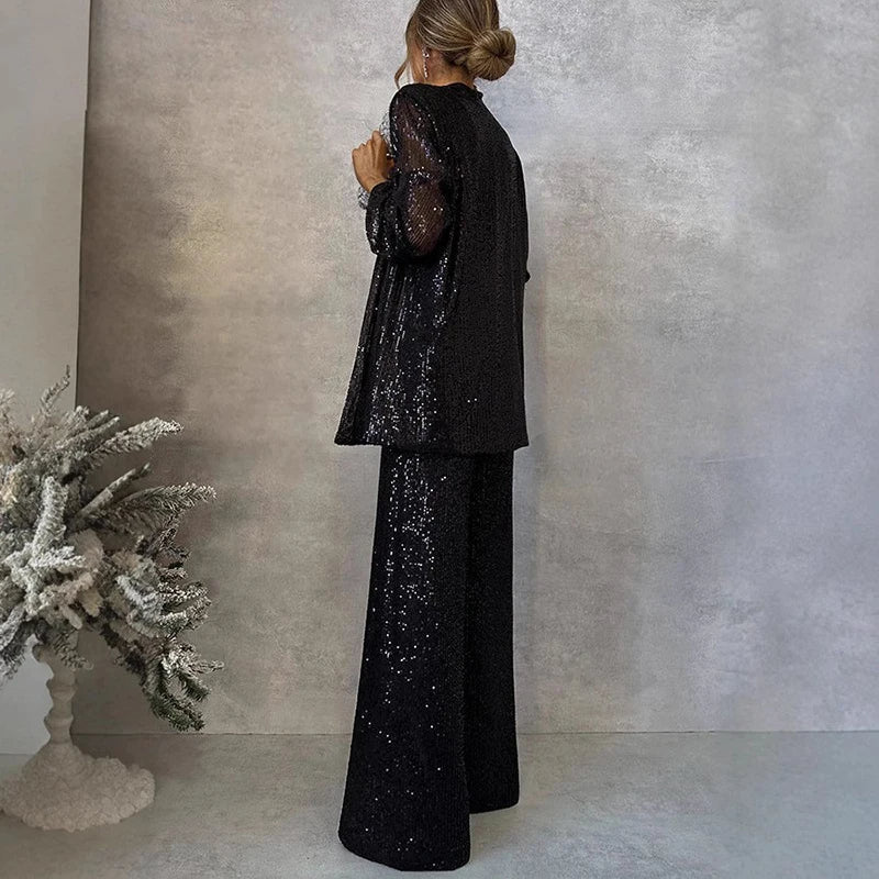 Two-Piece Sequin Set with High-Waisted Pants
