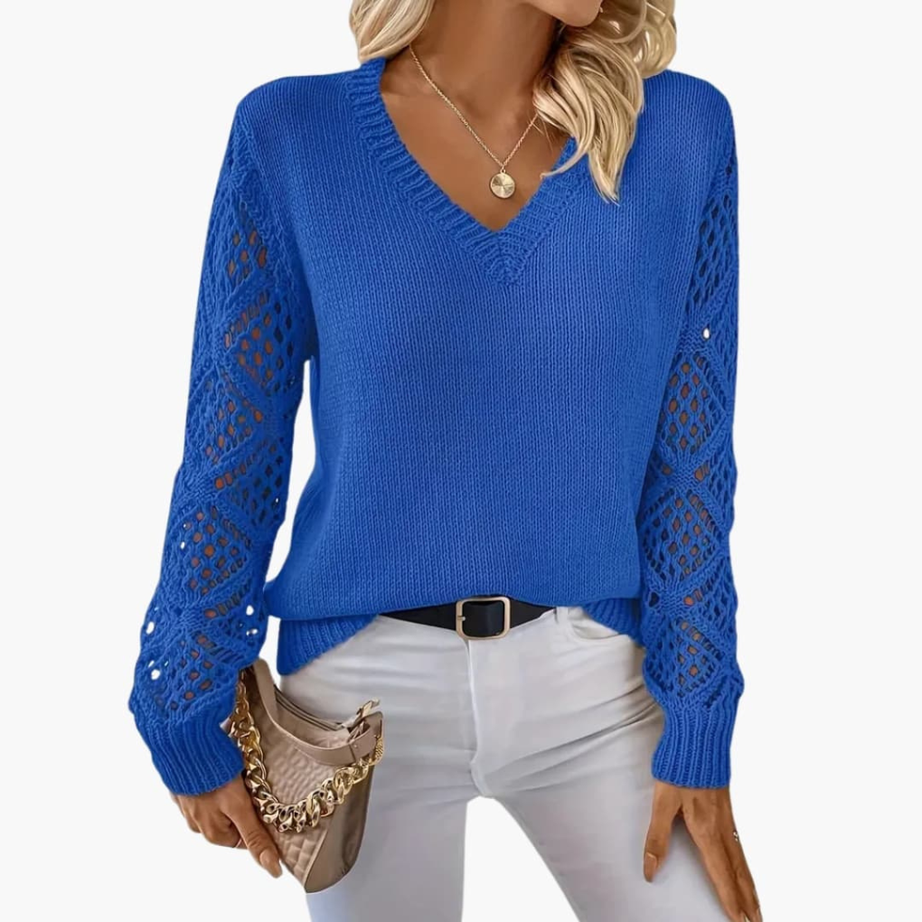 Maglione Femminile in Maglia Fine con Scollatura a V e Maniche Lunghe