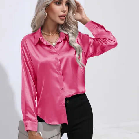Women's satin blouse with long sleeves and loose fit