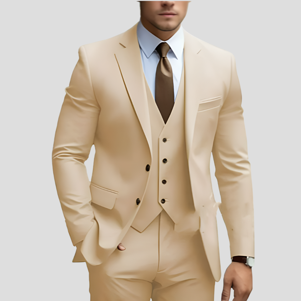 Elegant men's suit, 3 pieces, beige, slim fit