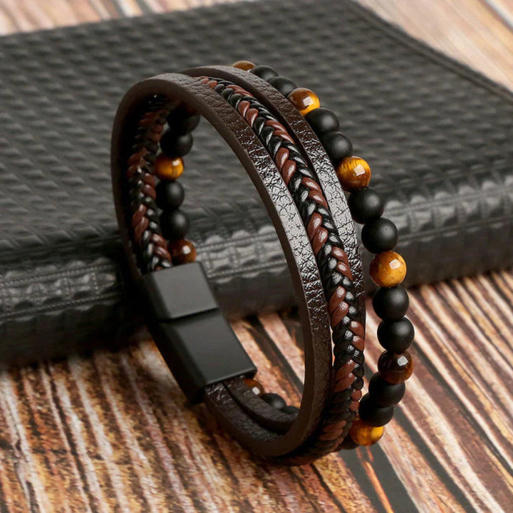 Men's Bracelet with Layers of Leather and Stone Beads