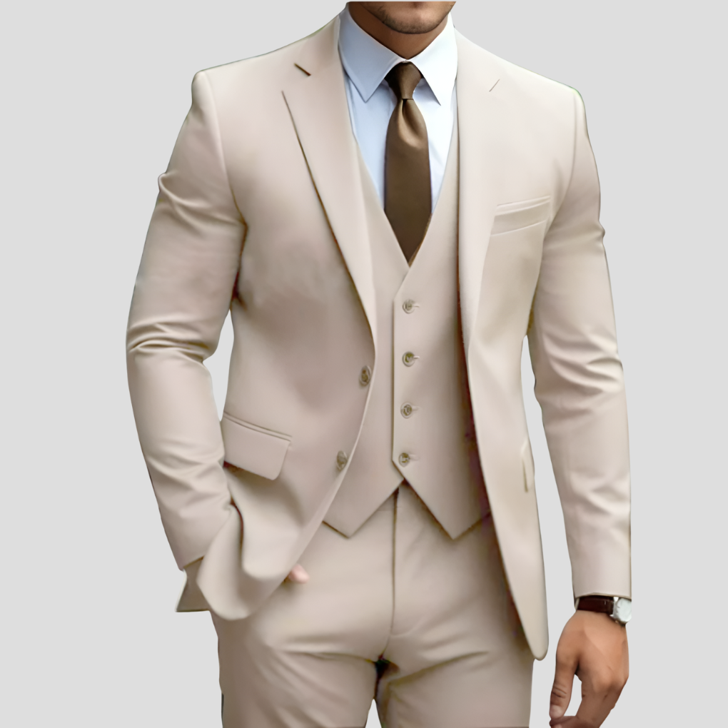 Elegant men's suit, 3 pieces, beige, slim fit