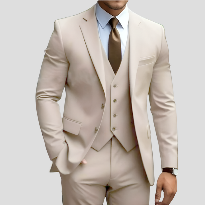 Elegant men's suit, 3 pieces, beige, slim fit