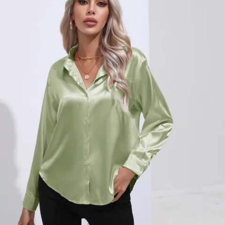 Women's satin blouse with long sleeves and loose fit