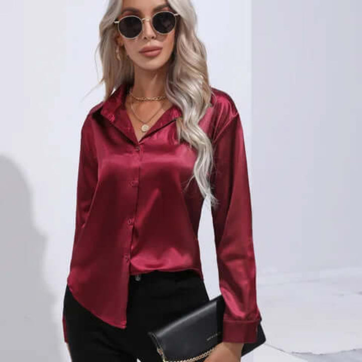 Women's satin blouse with long sleeves and loose fit