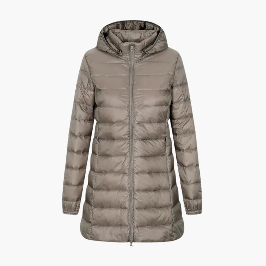 Giacca invernale da donna con cappuccio e taglio lungo