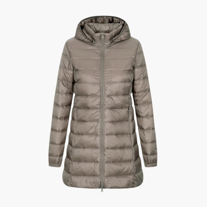 Giacca invernale da donna con cappuccio e taglio lungo