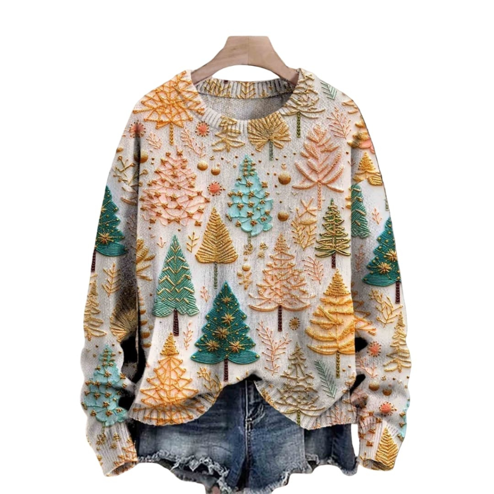 Maglione da donna lavorato a maglia con motivo ad albero e scollo rotondo