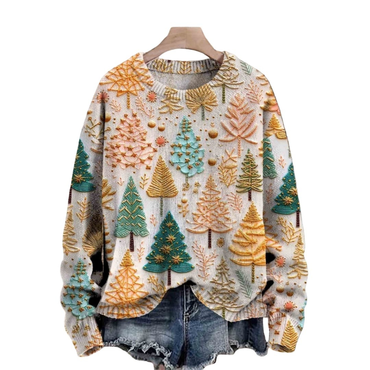 Maglione da donna lavorato a maglia con motivo ad albero e scollo rotondo