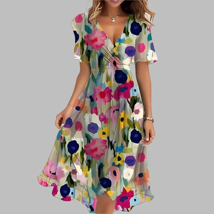 Elegant mid-length dress with floral ruffles for women