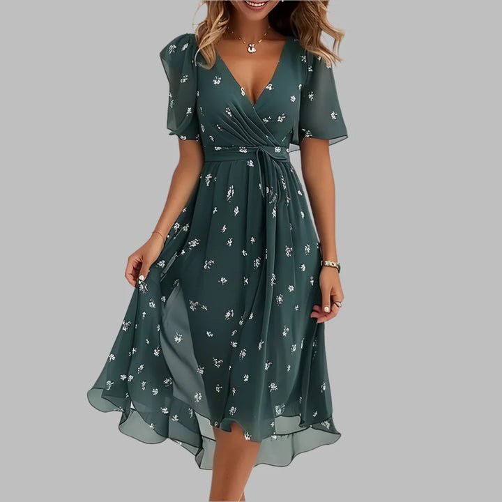 Elegant mid-length dress with floral ruffles for women