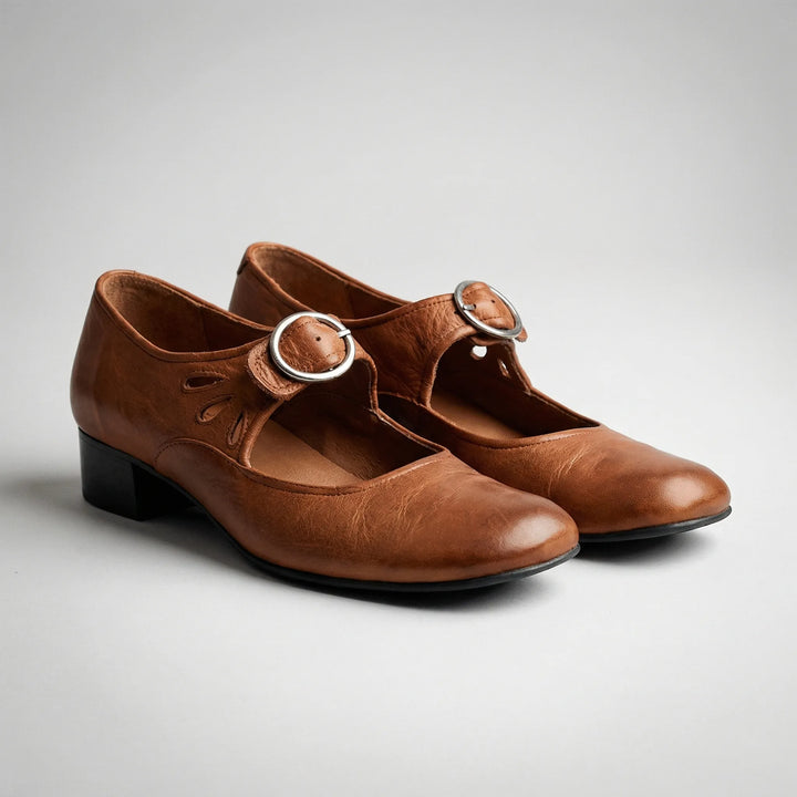 Buckova - Scarpa da donna con tacco basso e cinturino con fibbia
