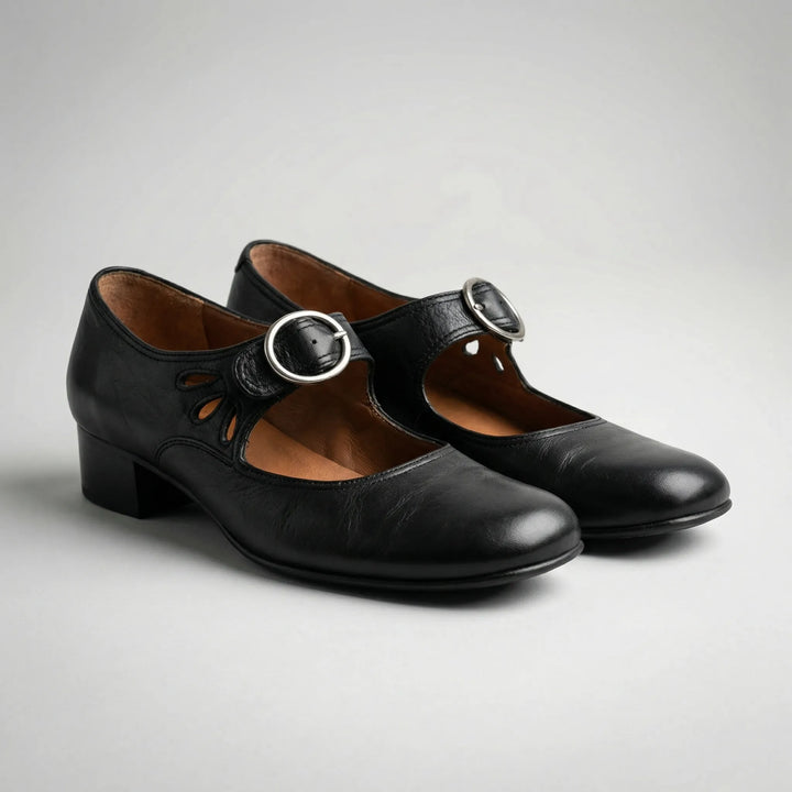 Buckova - Scarpa da donna con tacco basso e cinturino con fibbia