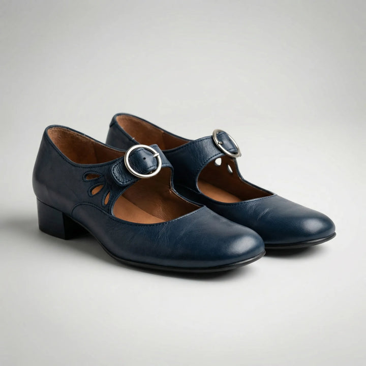 Buckova - Scarpa da donna con tacco basso e cinturino con fibbia
