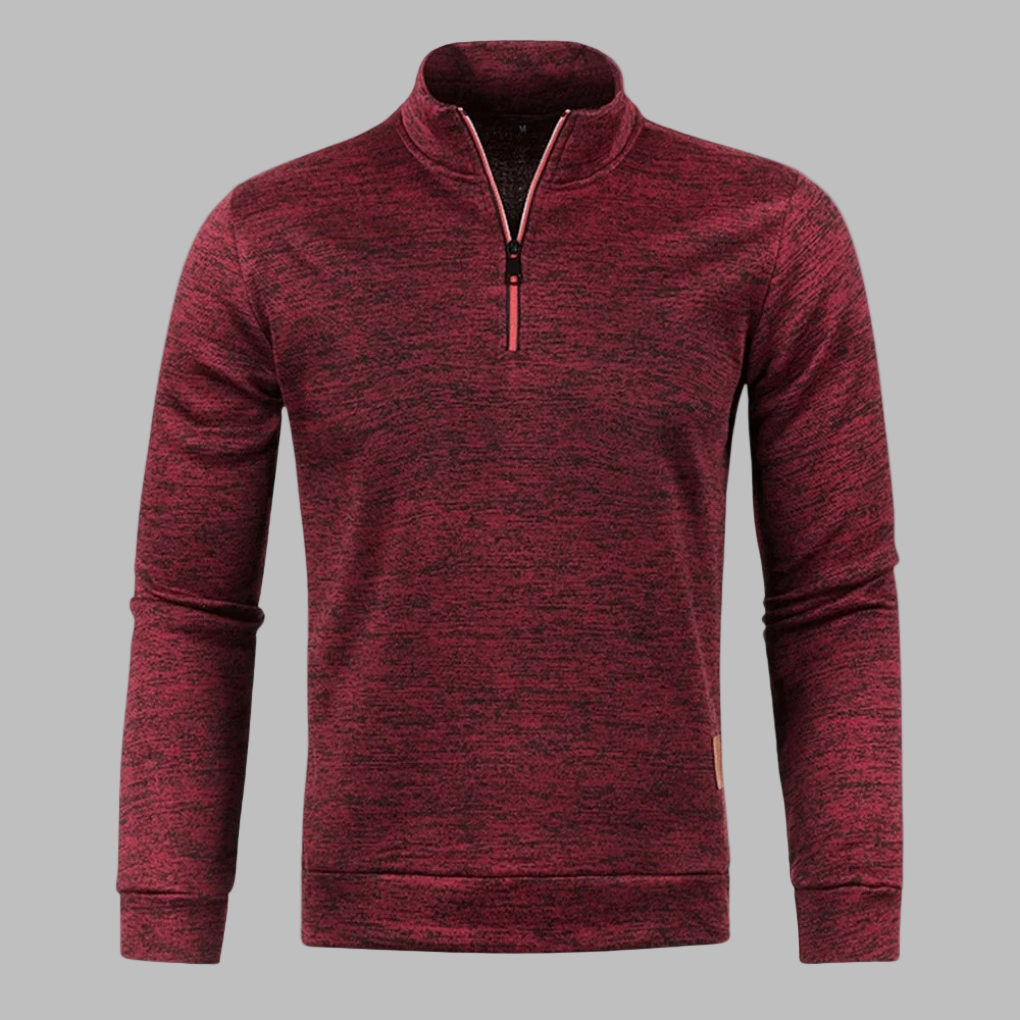 Rode heren sweater met halve rits, lange mouwen en gemêleerd patroon. Perfect voor casual en sportieve outfits. Comfortabele pasvorm.
