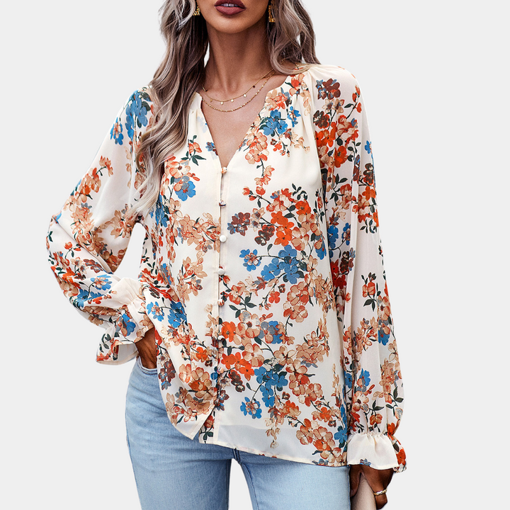 Floral blouse with V-neck for woman